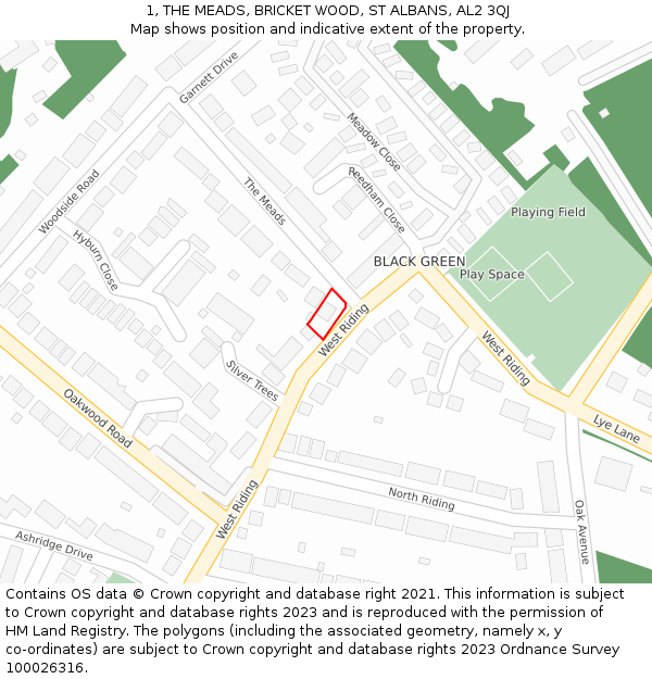 1, THE MEADS, BRICKET WOOD, ST ALBANS, AL2 3QJ: Location map and indicative extent of plot