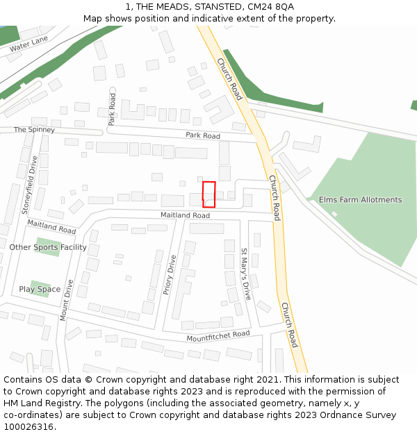 1, THE MEADS, STANSTED, CM24 8QA: Location map and indicative extent of plot