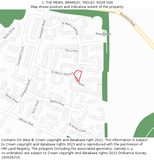 1, THE MEWS, BRAMLEY, TADLEY, RG26 5QX: Location map and indicative extent of plot