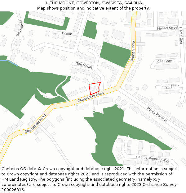 1, THE MOUNT, GOWERTON, SWANSEA, SA4 3HA: Location map and indicative extent of plot