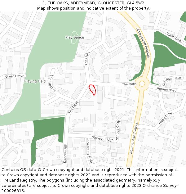 1, THE OAKS, ABBEYMEAD, GLOUCESTER, GL4 5WP: Location map and indicative extent of plot