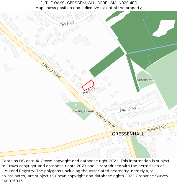 1, THE OAKS, GRESSENHALL, DEREHAM, NR20 4ED: Location map and indicative extent of plot
