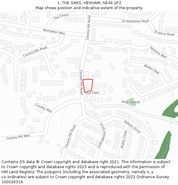 1, THE OAKS, HEXHAM, NE46 2PZ: Location map and indicative extent of plot