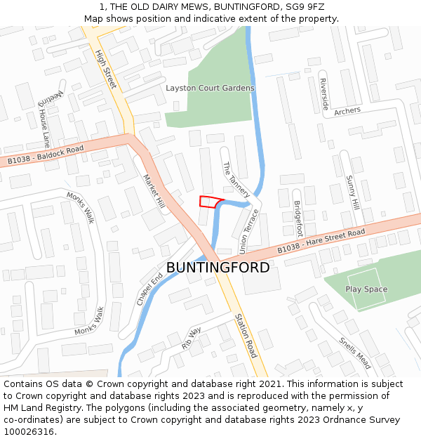 1, THE OLD DAIRY MEWS, BUNTINGFORD, SG9 9FZ: Location map and indicative extent of plot