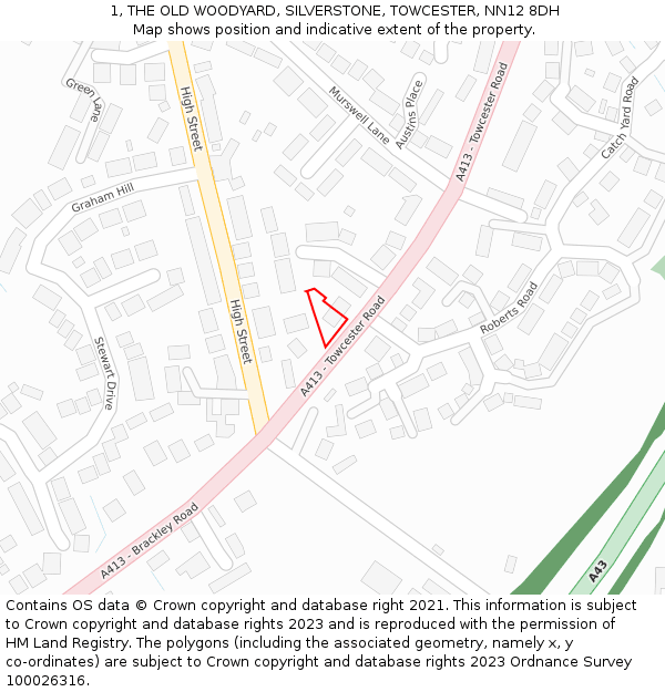 1, THE OLD WOODYARD, SILVERSTONE, TOWCESTER, NN12 8DH: Location map and indicative extent of plot