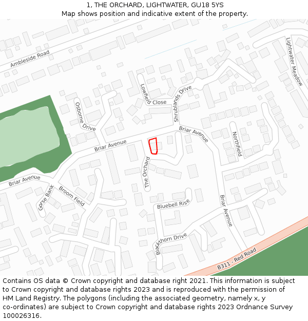 1, THE ORCHARD, LIGHTWATER, GU18 5YS: Location map and indicative extent of plot