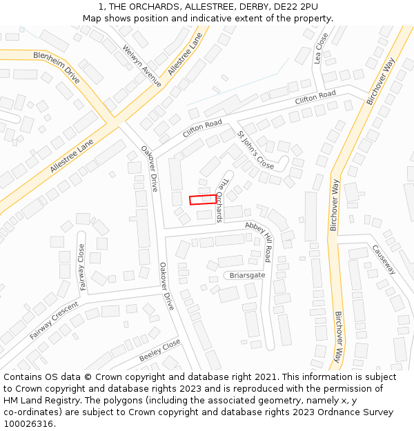 1, THE ORCHARDS, ALLESTREE, DERBY, DE22 2PU: Location map and indicative extent of plot