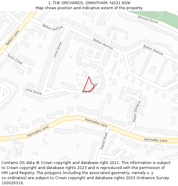 1, THE ORCHARDS, GRANTHAM, NG31 9GW: Location map and indicative extent of plot