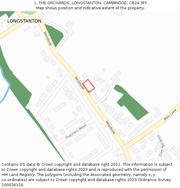 1, THE ORCHARDS, LONGSTANTON, CAMBRIDGE, CB24 3FF: Location map and indicative extent of plot