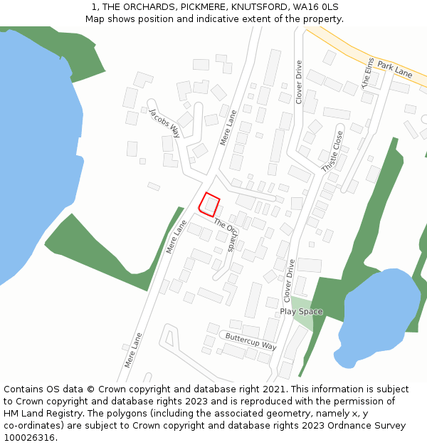 1, THE ORCHARDS, PICKMERE, KNUTSFORD, WA16 0LS: Location map and indicative extent of plot