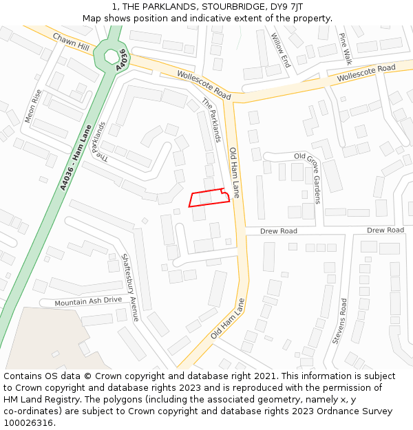 1, THE PARKLANDS, STOURBRIDGE, DY9 7JT: Location map and indicative extent of plot