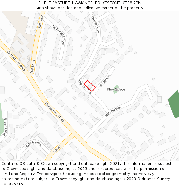 1, THE PASTURE, HAWKINGE, FOLKESTONE, CT18 7PN: Location map and indicative extent of plot