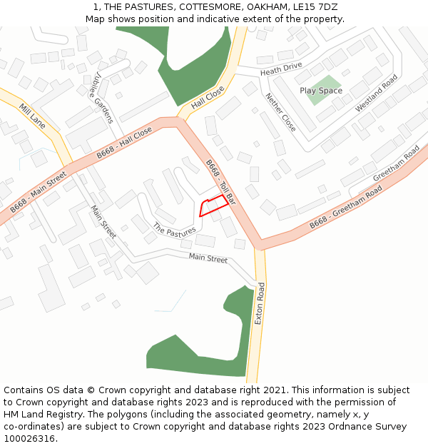 1, THE PASTURES, COTTESMORE, OAKHAM, LE15 7DZ: Location map and indicative extent of plot