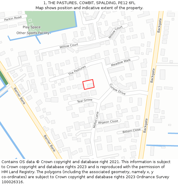 1, THE PASTURES, COWBIT, SPALDING, PE12 6FL: Location map and indicative extent of plot