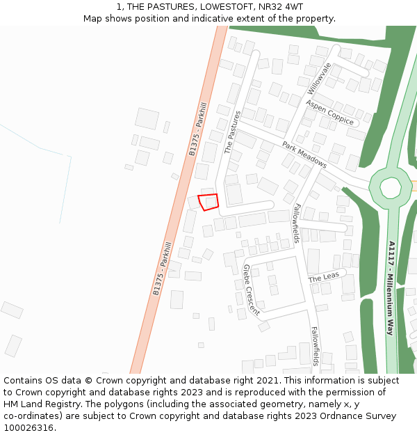 1, THE PASTURES, LOWESTOFT, NR32 4WT: Location map and indicative extent of plot