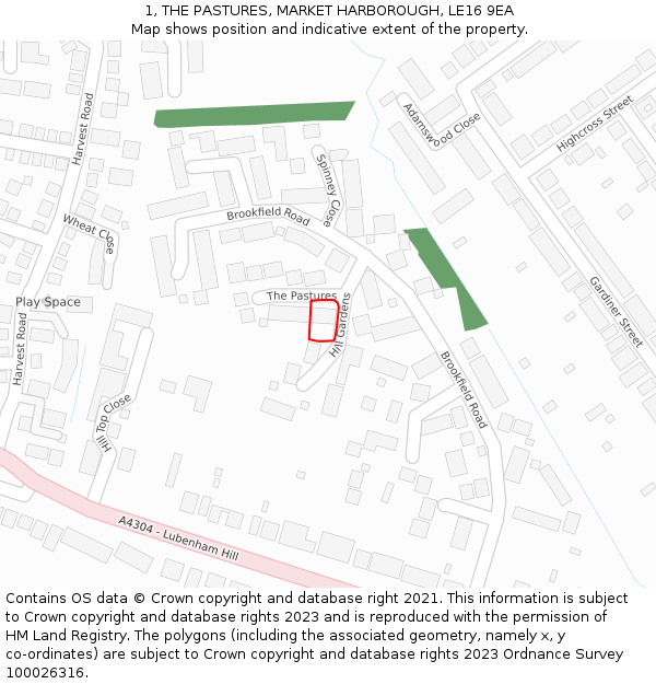 1, THE PASTURES, MARKET HARBOROUGH, LE16 9EA: Location map and indicative extent of plot