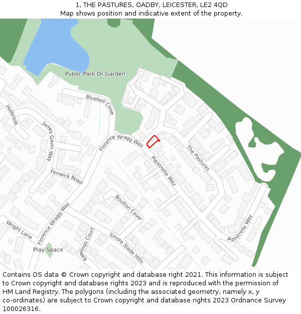 1, THE PASTURES, OADBY, LEICESTER, LE2 4QD: Location map and indicative extent of plot