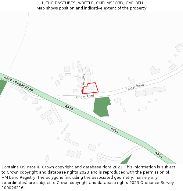 1, THE PASTURES, WRITTLE, CHELMSFORD, CM1 3FH: Location map and indicative extent of plot