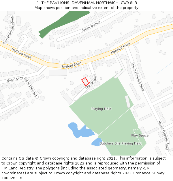 1, THE PAVILIONS, DAVENHAM, NORTHWICH, CW9 8LB: Location map and indicative extent of plot