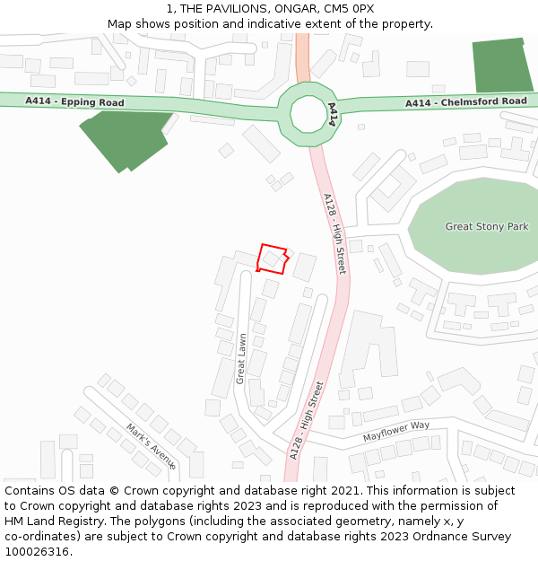 1, THE PAVILIONS, ONGAR, CM5 0PX: Location map and indicative extent of plot