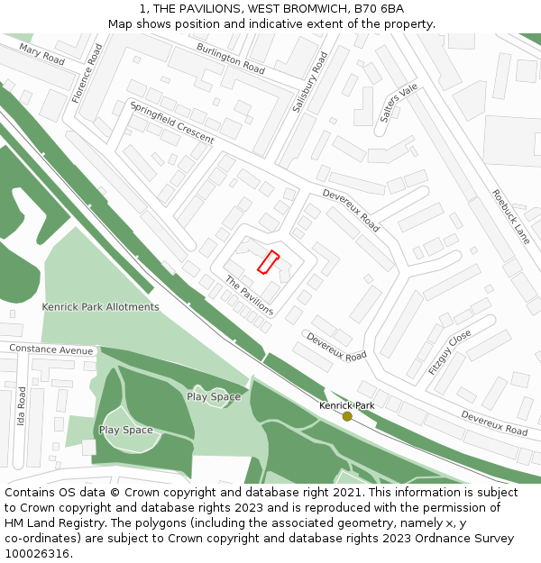 1, THE PAVILIONS, WEST BROMWICH, B70 6BA: Location map and indicative extent of plot