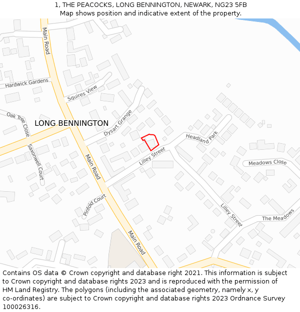 1, THE PEACOCKS, LONG BENNINGTON, NEWARK, NG23 5FB: Location map and indicative extent of plot