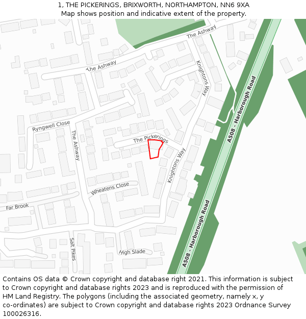 1, THE PICKERINGS, BRIXWORTH, NORTHAMPTON, NN6 9XA: Location map and indicative extent of plot