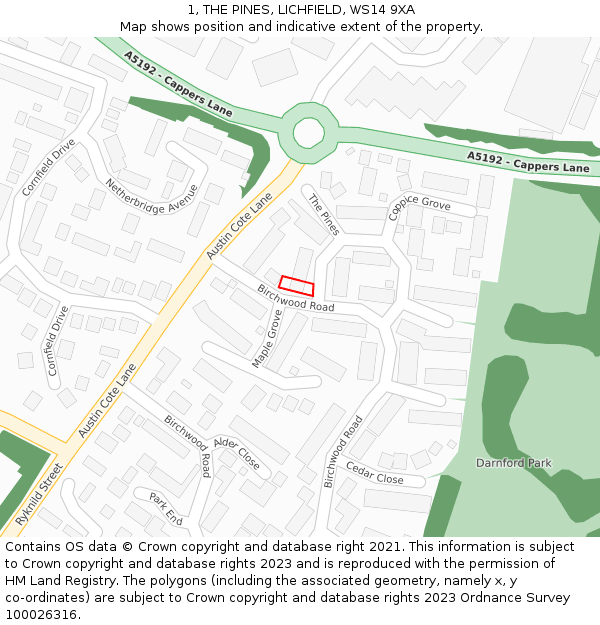 1, THE PINES, LICHFIELD, WS14 9XA: Location map and indicative extent of plot