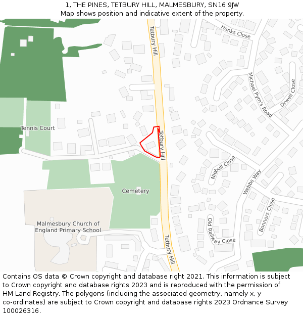 1, THE PINES, TETBURY HILL, MALMESBURY, SN16 9JW: Location map and indicative extent of plot