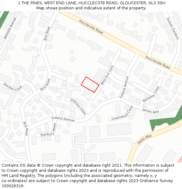 1 THE PINES, WEST END LANE, HUCCLECOTE ROAD, GLOUCESTER, GL3 3SH: Location map and indicative extent of plot
