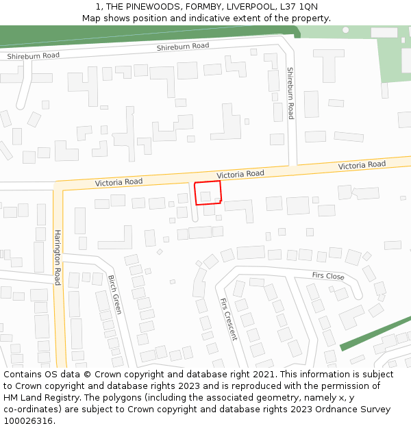 1, THE PINEWOODS, FORMBY, LIVERPOOL, L37 1QN: Location map and indicative extent of plot