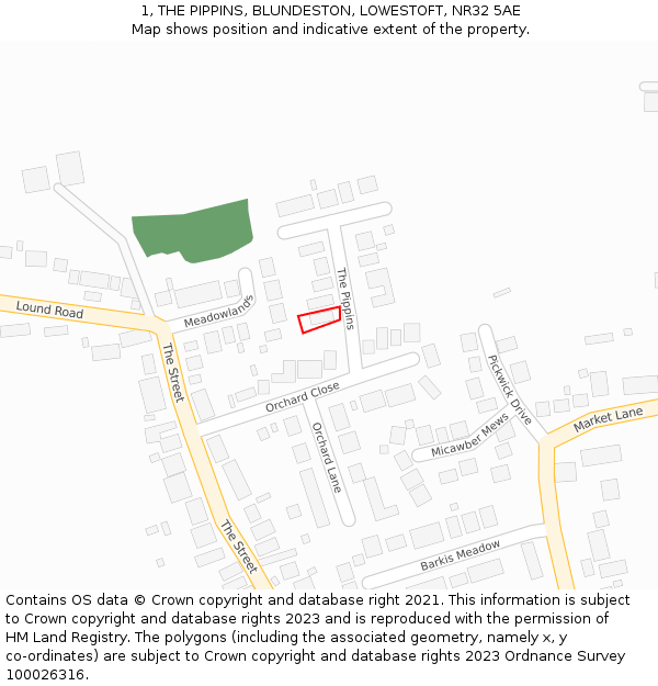 1, THE PIPPINS, BLUNDESTON, LOWESTOFT, NR32 5AE: Location map and indicative extent of plot