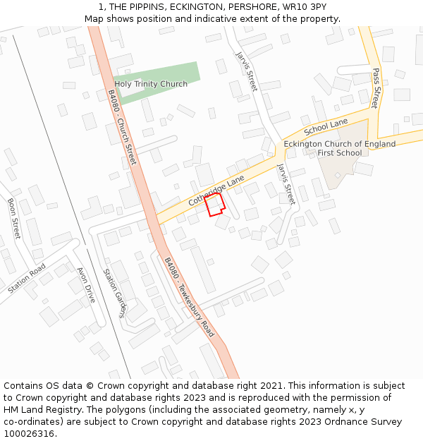 1, THE PIPPINS, ECKINGTON, PERSHORE, WR10 3PY: Location map and indicative extent of plot