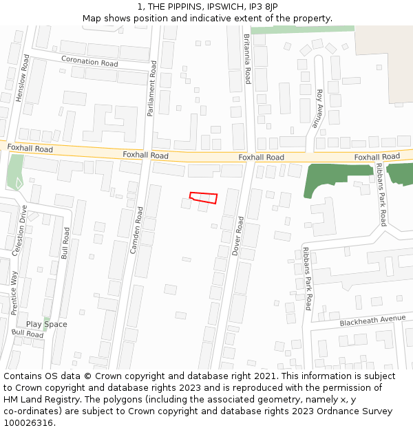 1, THE PIPPINS, IPSWICH, IP3 8JP: Location map and indicative extent of plot