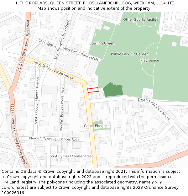 1, THE POPLARS, QUEEN STREET, RHOSLLANERCHRUGOG, WREXHAM, LL14 1TE: Location map and indicative extent of plot