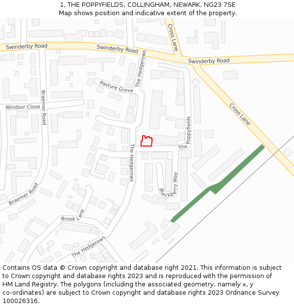 1, THE POPPYFIELDS, COLLINGHAM, NEWARK, NG23 7SE: Location map and indicative extent of plot