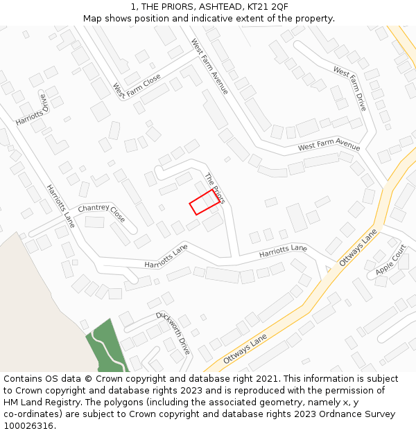 1, THE PRIORS, ASHTEAD, KT21 2QF: Location map and indicative extent of plot