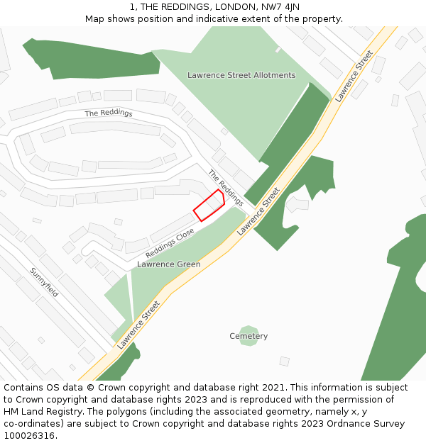 1, THE REDDINGS, LONDON, NW7 4JN: Location map and indicative extent of plot