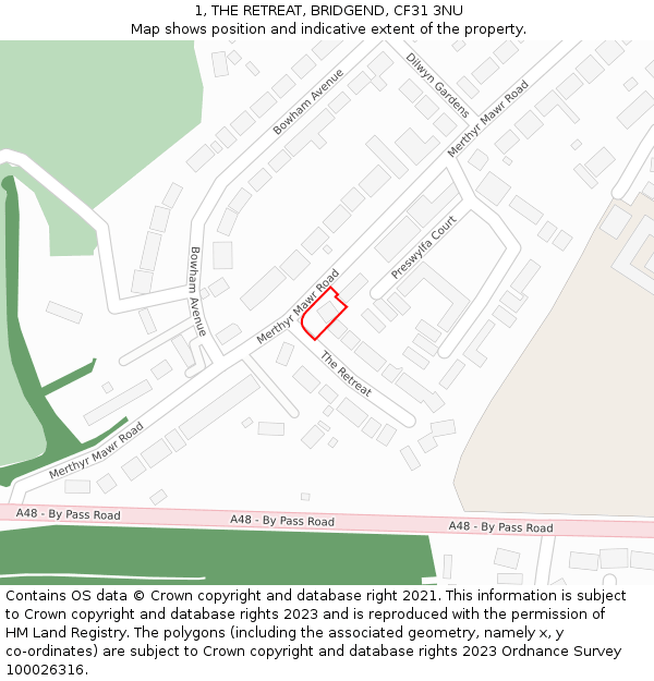 1, THE RETREAT, BRIDGEND, CF31 3NU: Location map and indicative extent of plot