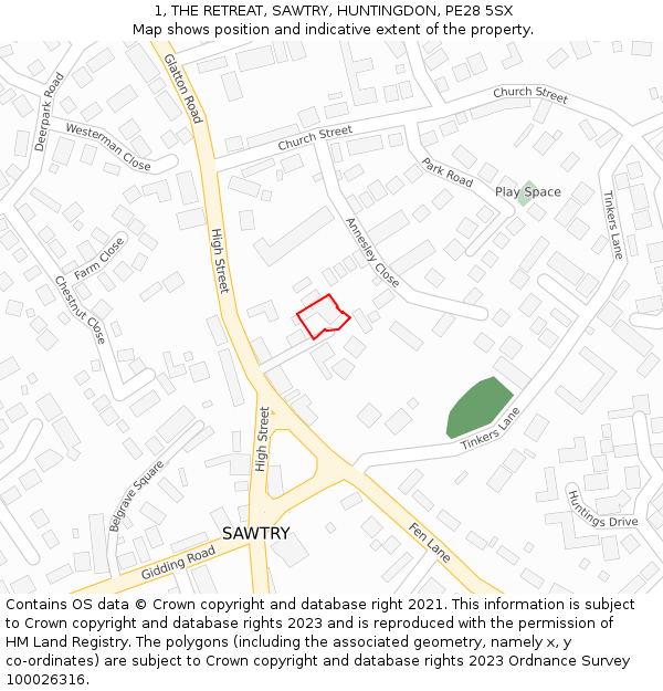 1, THE RETREAT, SAWTRY, HUNTINGDON, PE28 5SX: Location map and indicative extent of plot