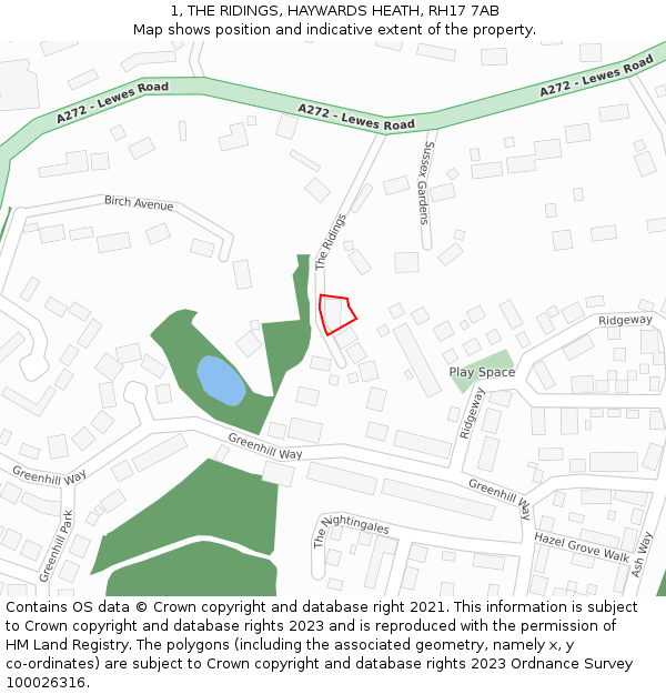 1, THE RIDINGS, HAYWARDS HEATH, RH17 7AB: Location map and indicative extent of plot