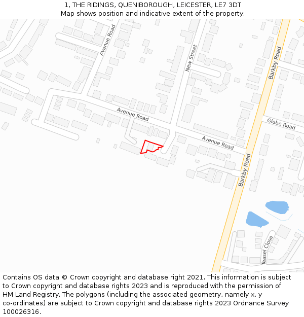 1, THE RIDINGS, QUENIBOROUGH, LEICESTER, LE7 3DT: Location map and indicative extent of plot