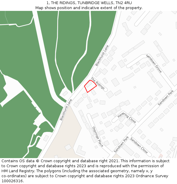 1, THE RIDINGS, TUNBRIDGE WELLS, TN2 4RU: Location map and indicative extent of plot