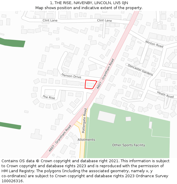 1, THE RISE, NAVENBY, LINCOLN, LN5 0JN: Location map and indicative extent of plot