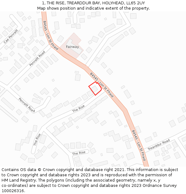 1, THE RISE, TREARDDUR BAY, HOLYHEAD, LL65 2UY: Location map and indicative extent of plot