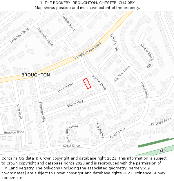 1, THE ROOKERY, BROUGHTON, CHESTER, CH4 0RX: Location map and indicative extent of plot