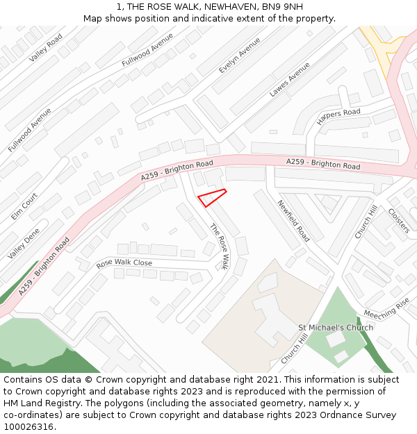 1, THE ROSE WALK, NEWHAVEN, BN9 9NH: Location map and indicative extent of plot