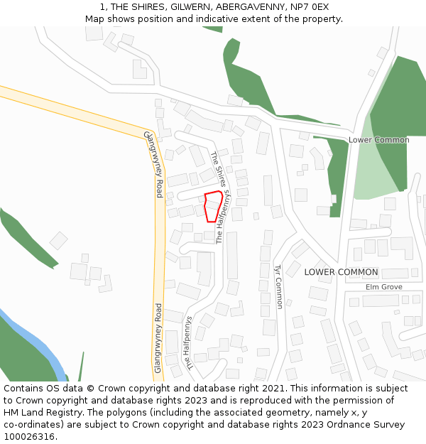 1, THE SHIRES, GILWERN, ABERGAVENNY, NP7 0EX: Location map and indicative extent of plot