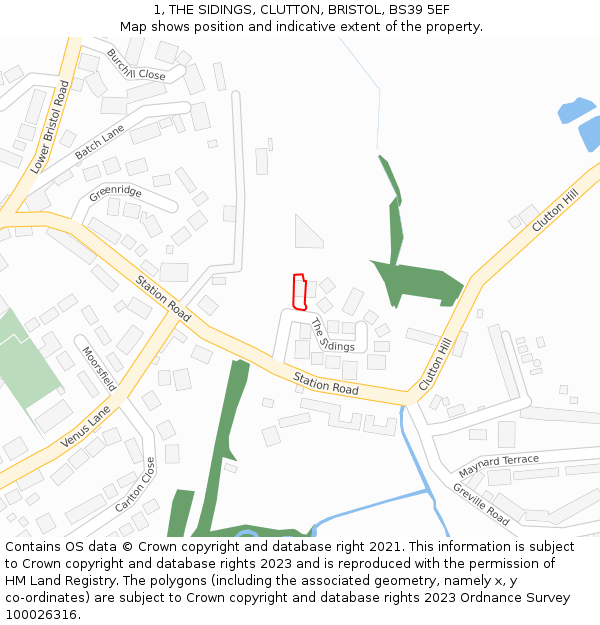 1, THE SIDINGS, CLUTTON, BRISTOL, BS39 5EF: Location map and indicative extent of plot