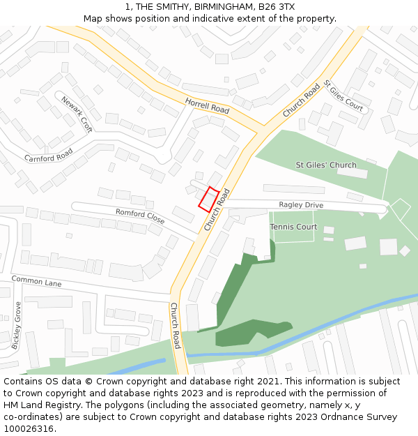 1, THE SMITHY, BIRMINGHAM, B26 3TX: Location map and indicative extent of plot